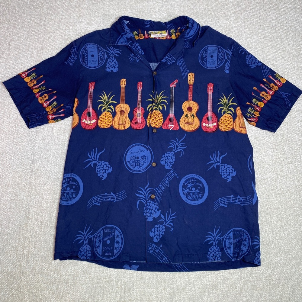 Winnie Fashion Mens L Navy Blue Ukulele Pineapple Hawaiian Shirt Made in Hawaii